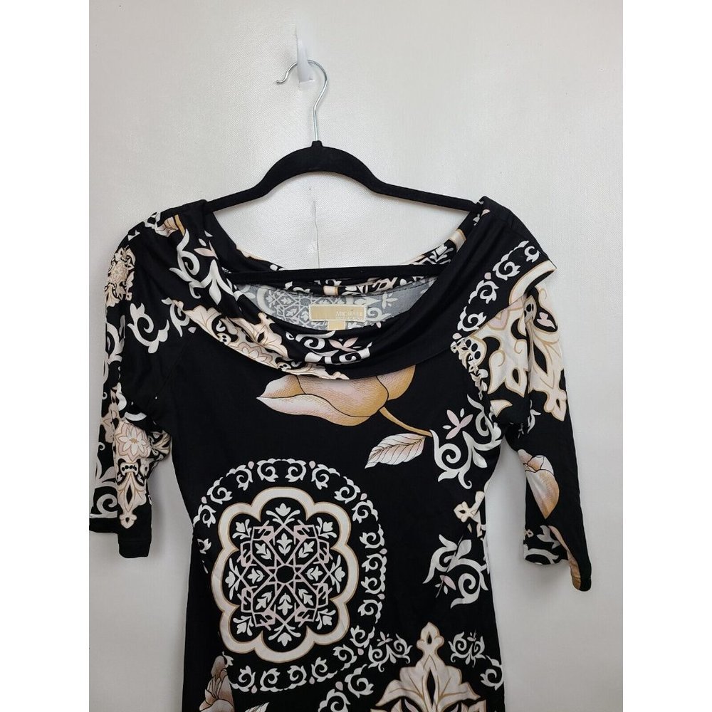 đť…şMICHAEL Michael Kors Black Tan Floral Print Off Shoulder Tunic Top Medium - Picture 2 of 5